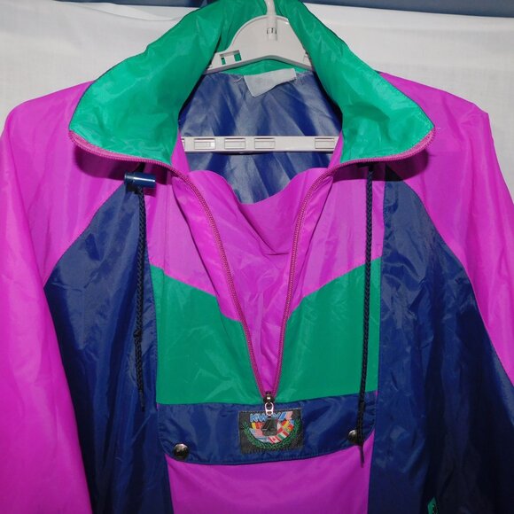 VTG Mens XXL Pink Purple Teal 1/2 Zip Pullover K-Way Windbreaker jacket packable - Picture 4 of 15